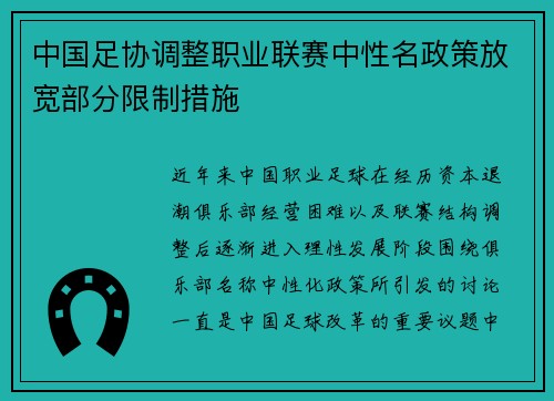 中国足协调整职业联赛中性名政策放宽部分限制措施 中国足协调整职业联赛中性名政策放宽部分限制措施